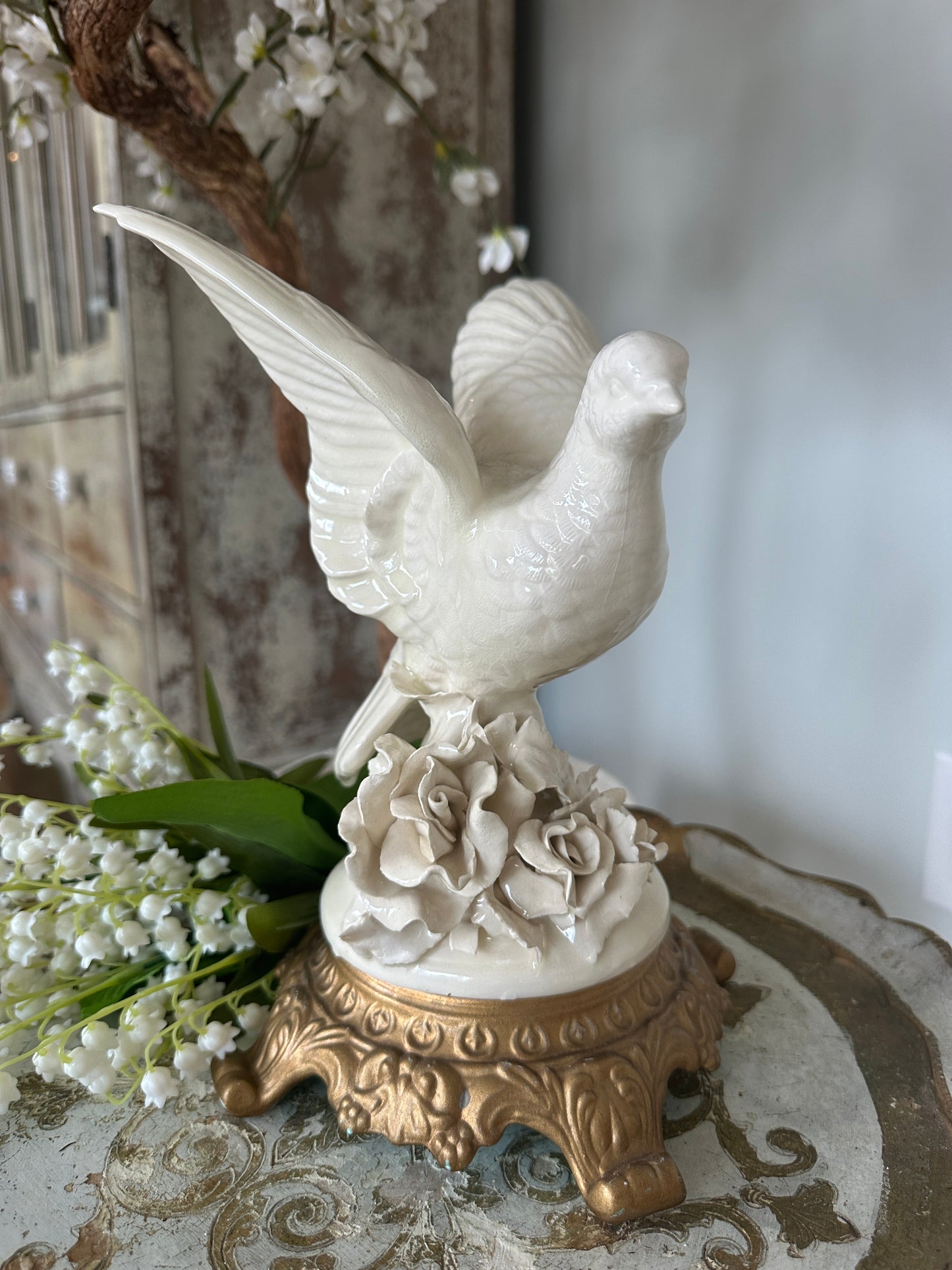 Fine Porcelain Dove Floral Art on Gold Metal Base