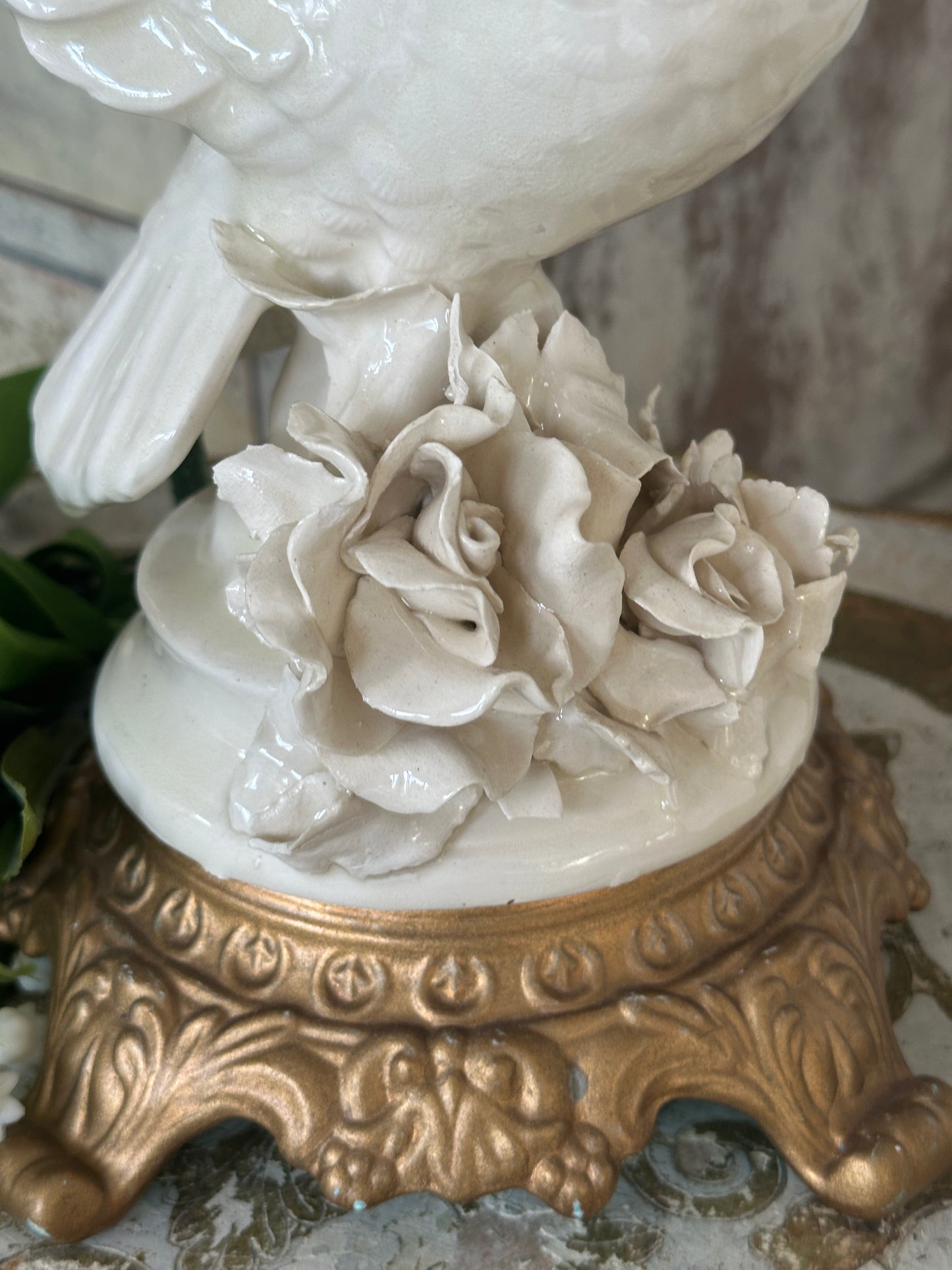 Fine Porcelain Dove Floral Art on Gold Metal Base