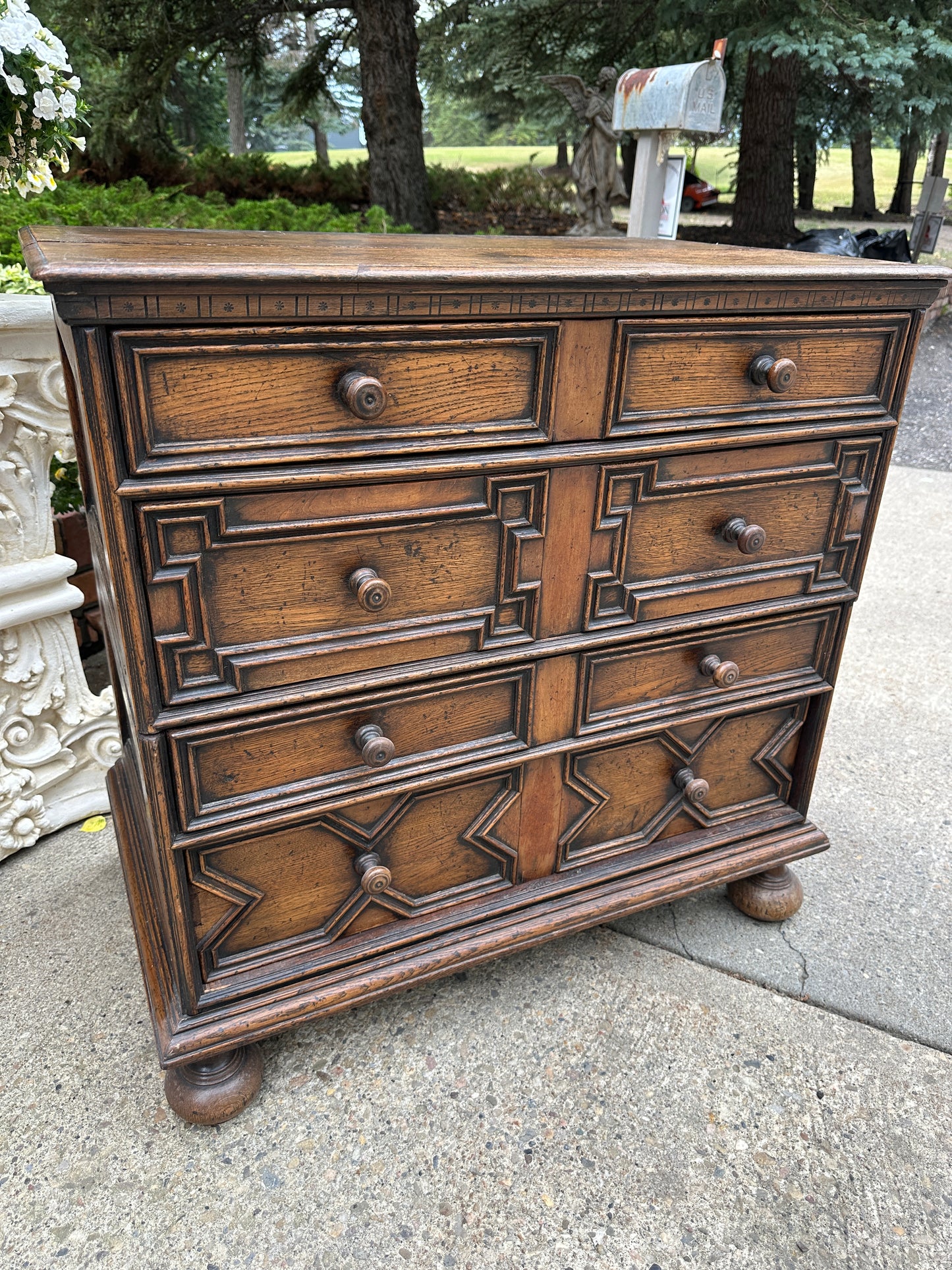 Antique English Chest on Chest of Drawers Cabinet Jacobean Carved Oak Tudor