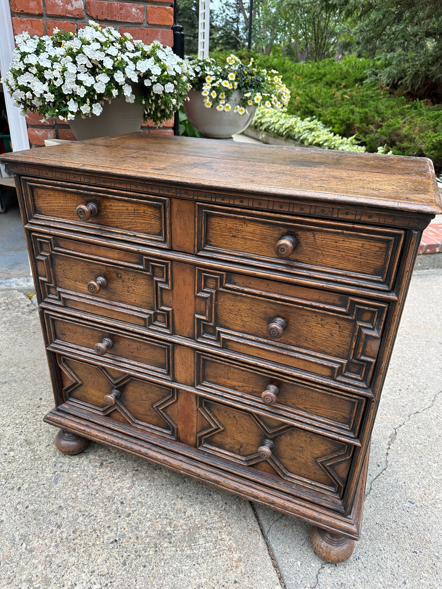 Antique English Chest on Chest of Drawers Cabinet Jacobean Carved Oak Tudor