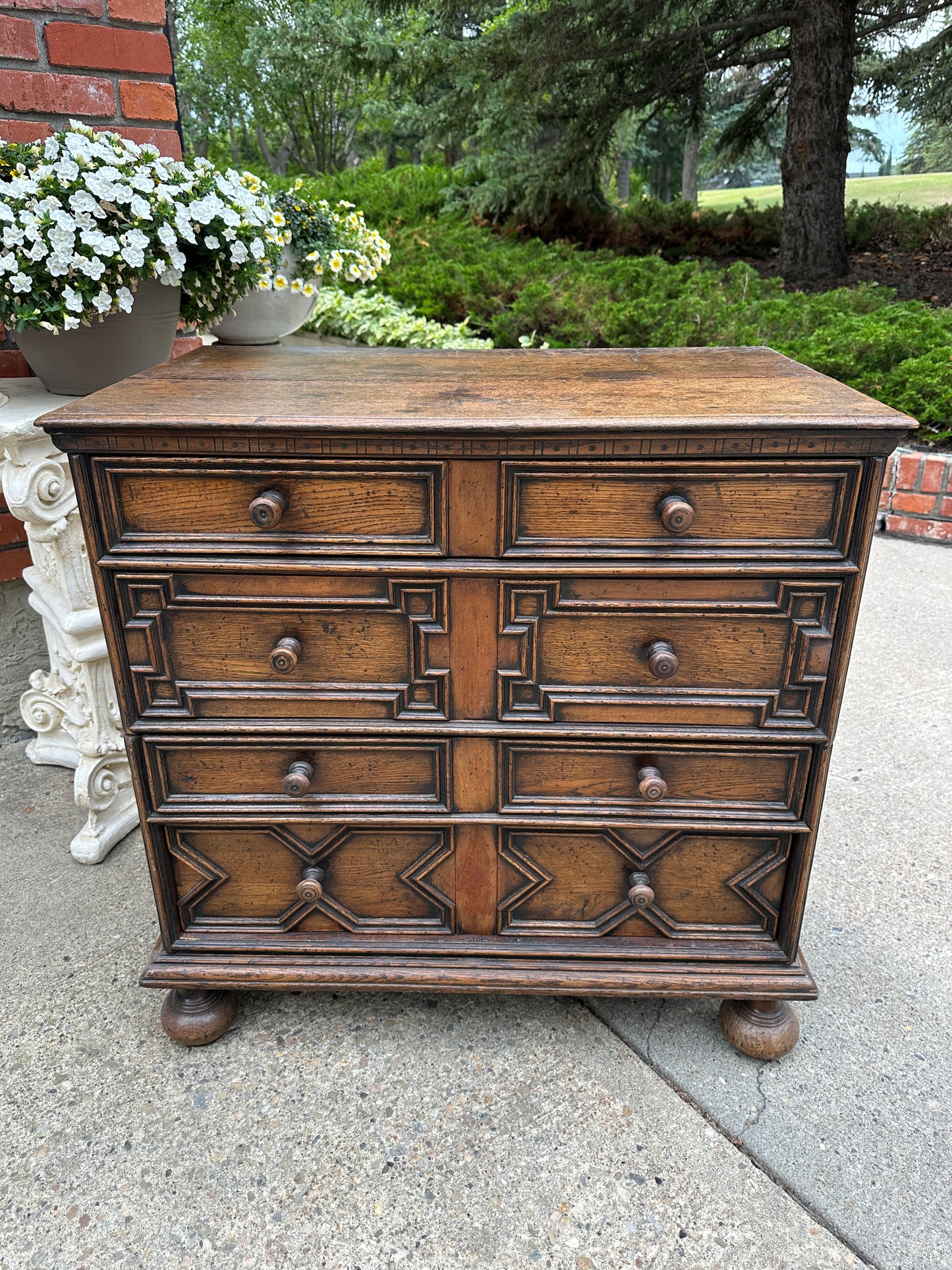 Antique English Chest on Chest of Drawers Cabinet Jacobean Carved Oak Tudor