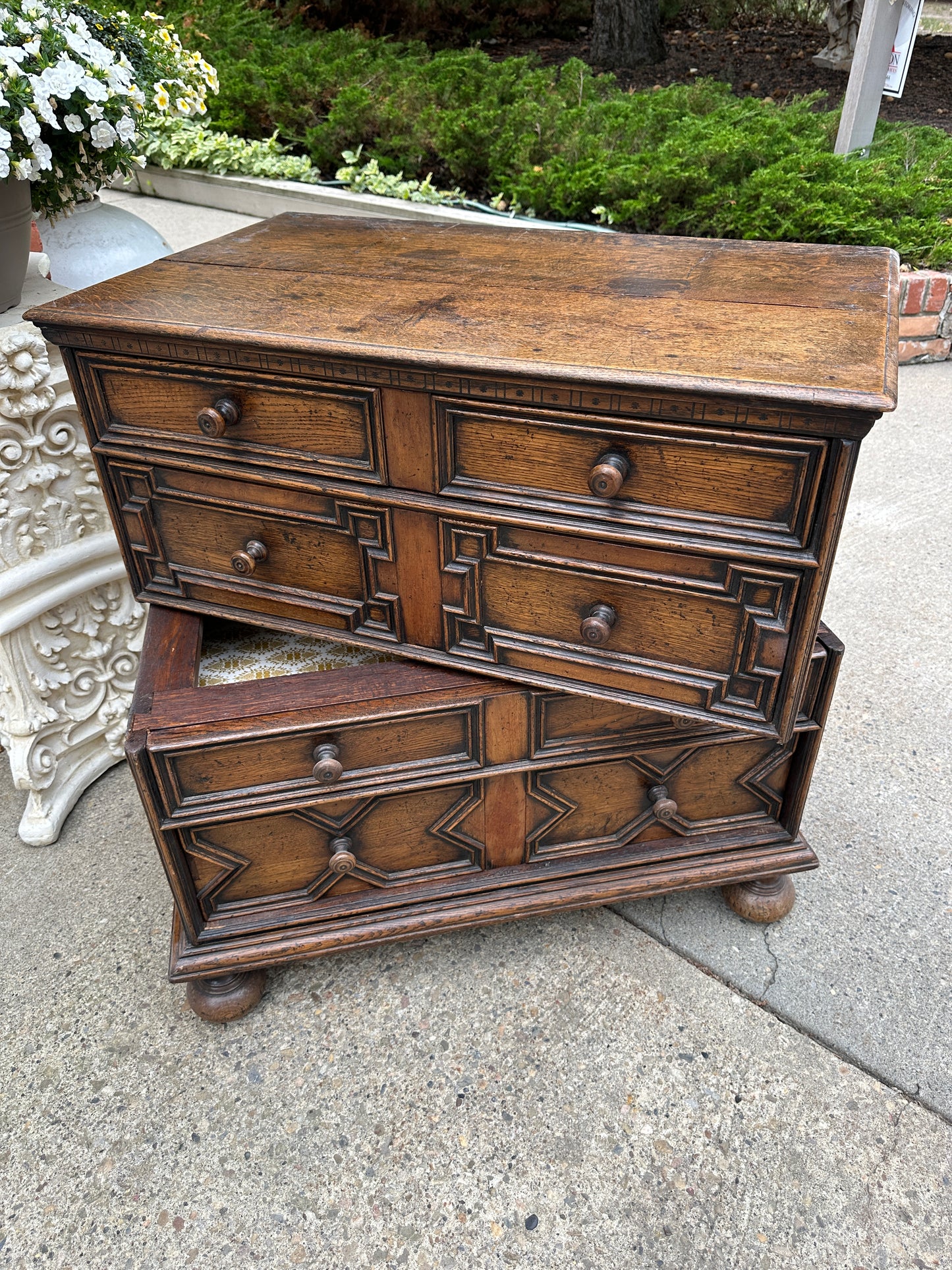 Antique English Chest on Chest of Drawers Cabinet Jacobean Carved Oak Tudor