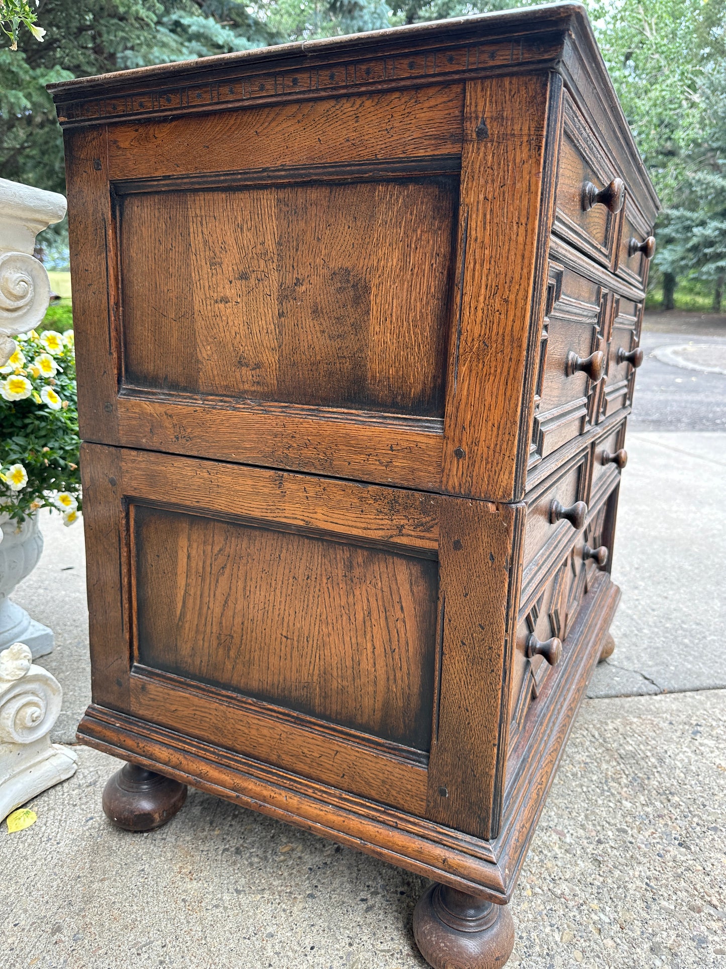 Antique English Chest on Chest of Drawers Cabinet Jacobean Carved Oak Tudor