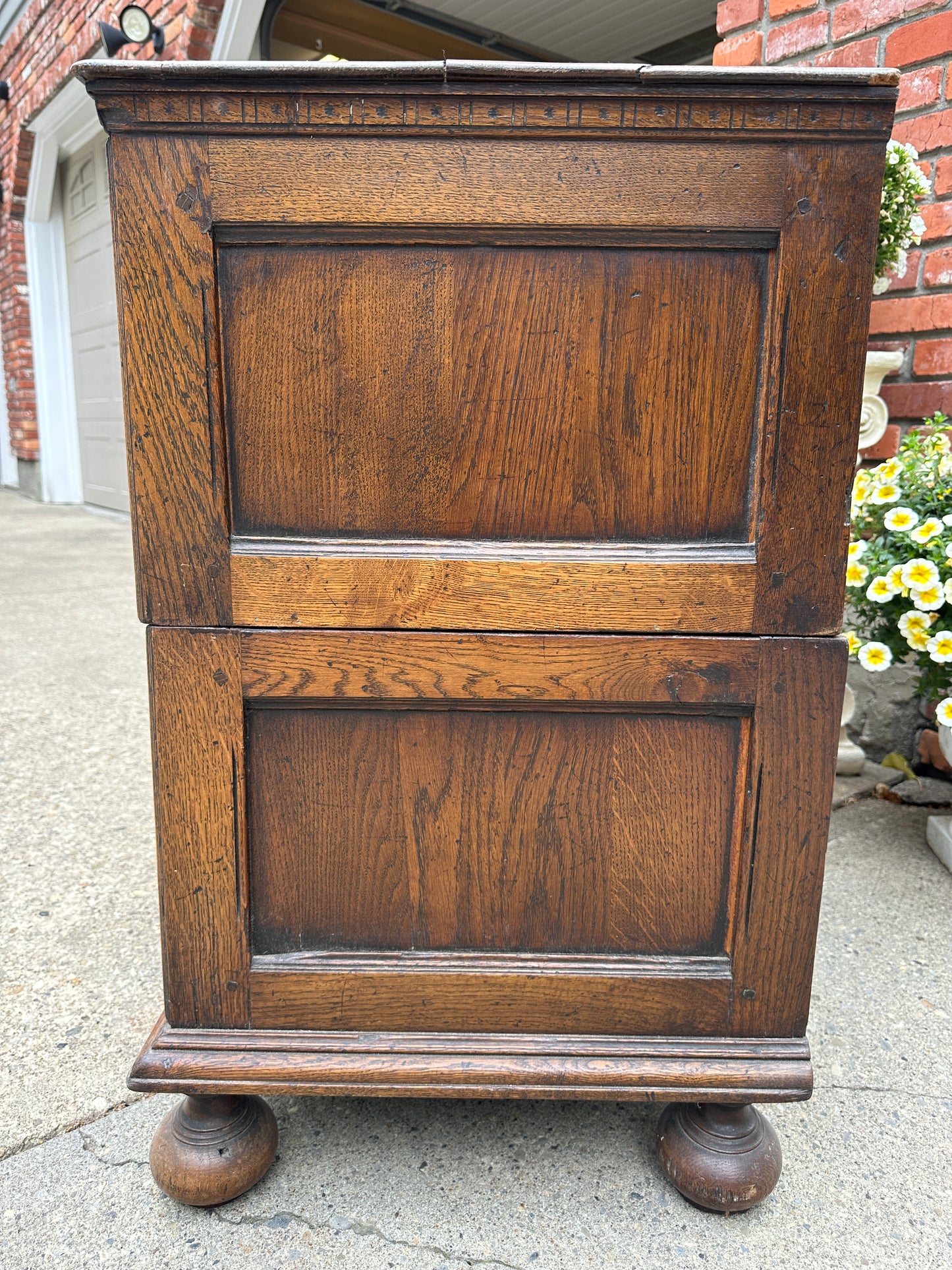 Antique English Chest on Chest of Drawers Cabinet Jacobean Carved Oak Tudor