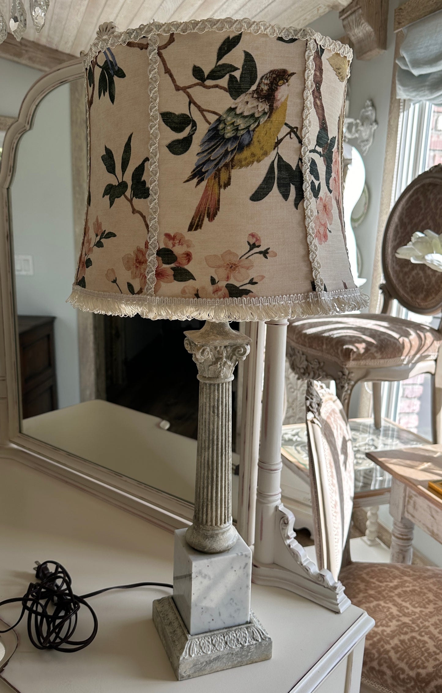 Vintage Marble & Metal Lamp with Floral Shade