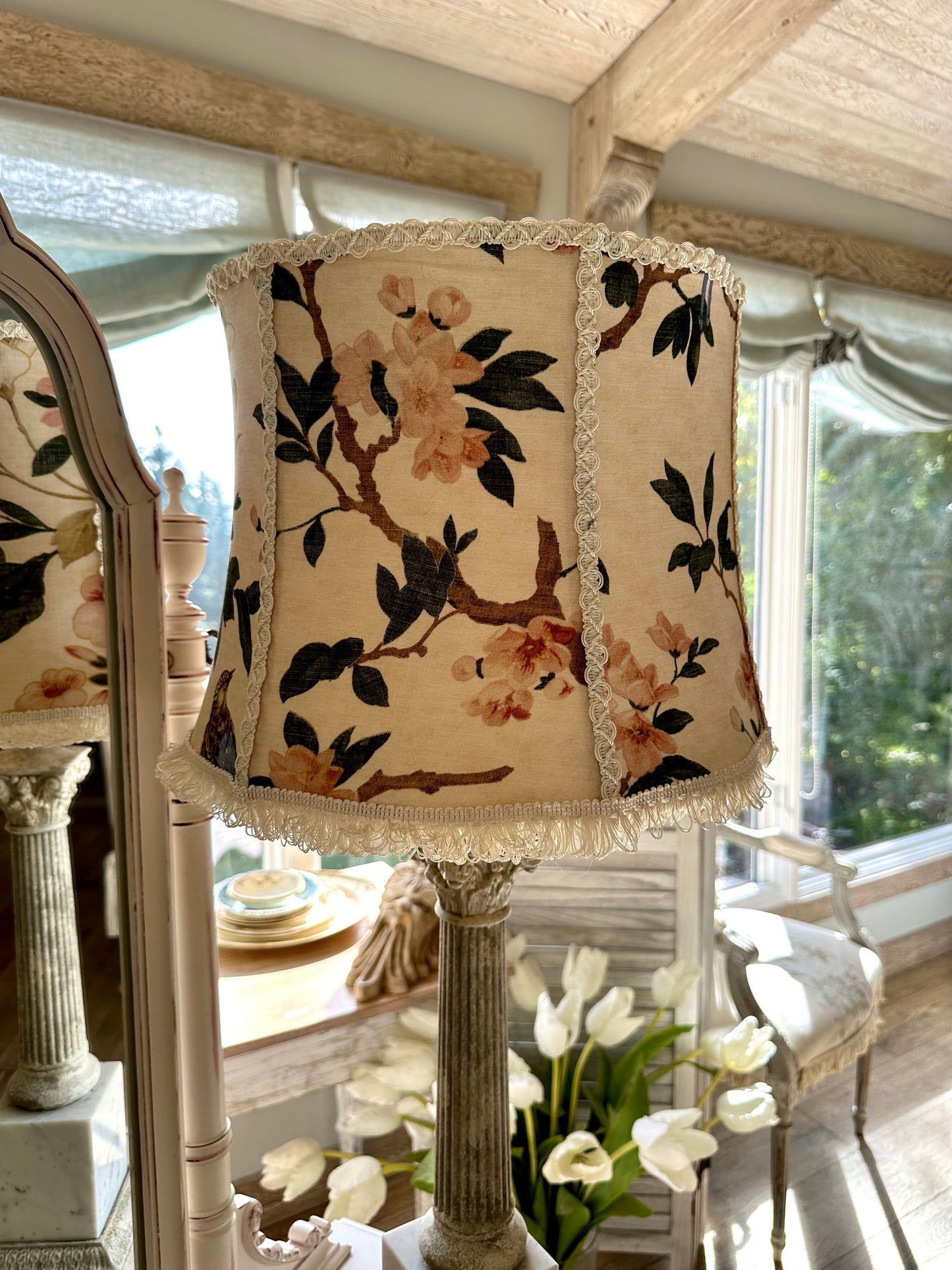 Vintage Marble & Metal Lamp with Floral Shade