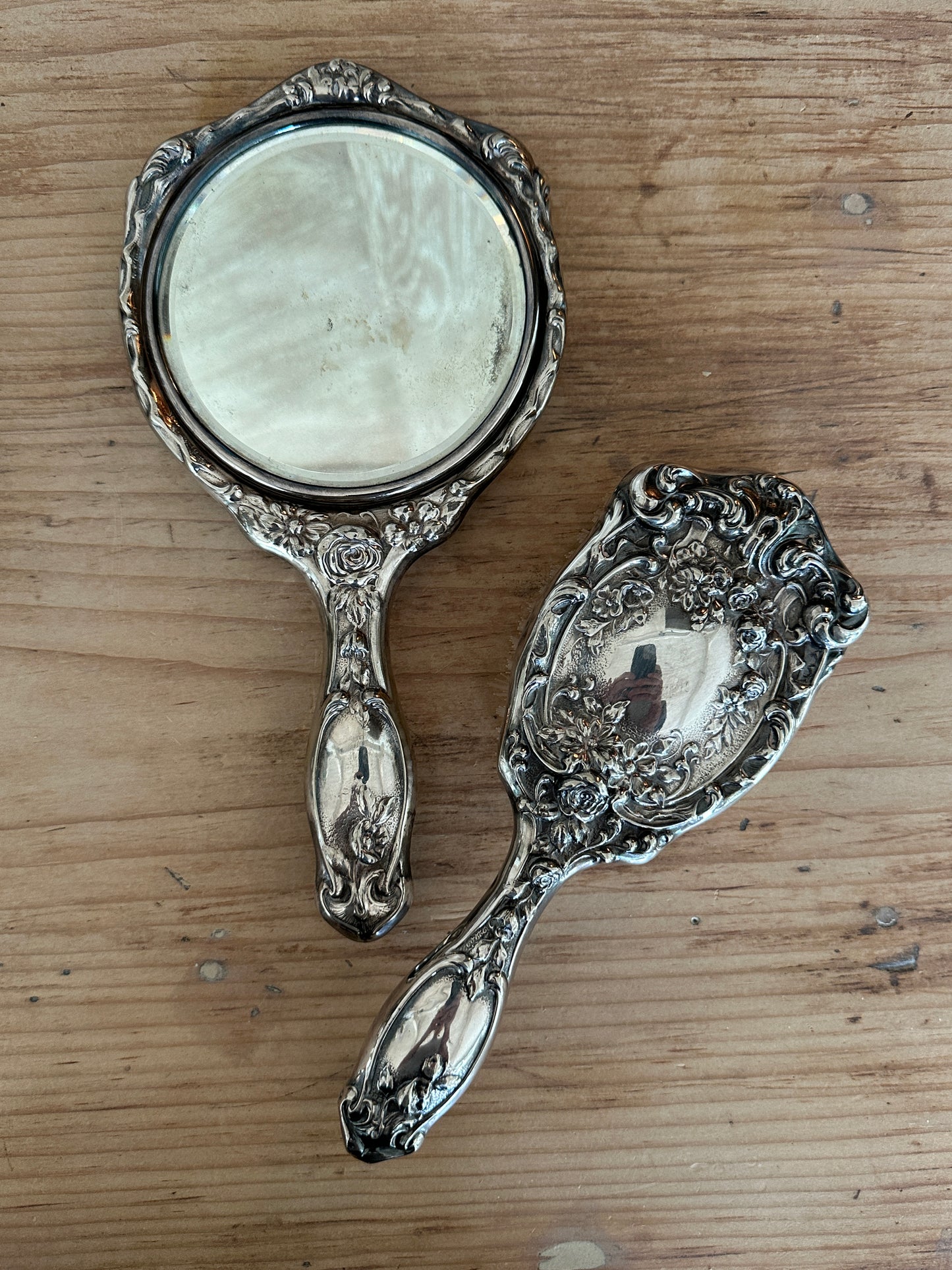 Vintage Silverplate Hair Brush Mirror Vanity Set