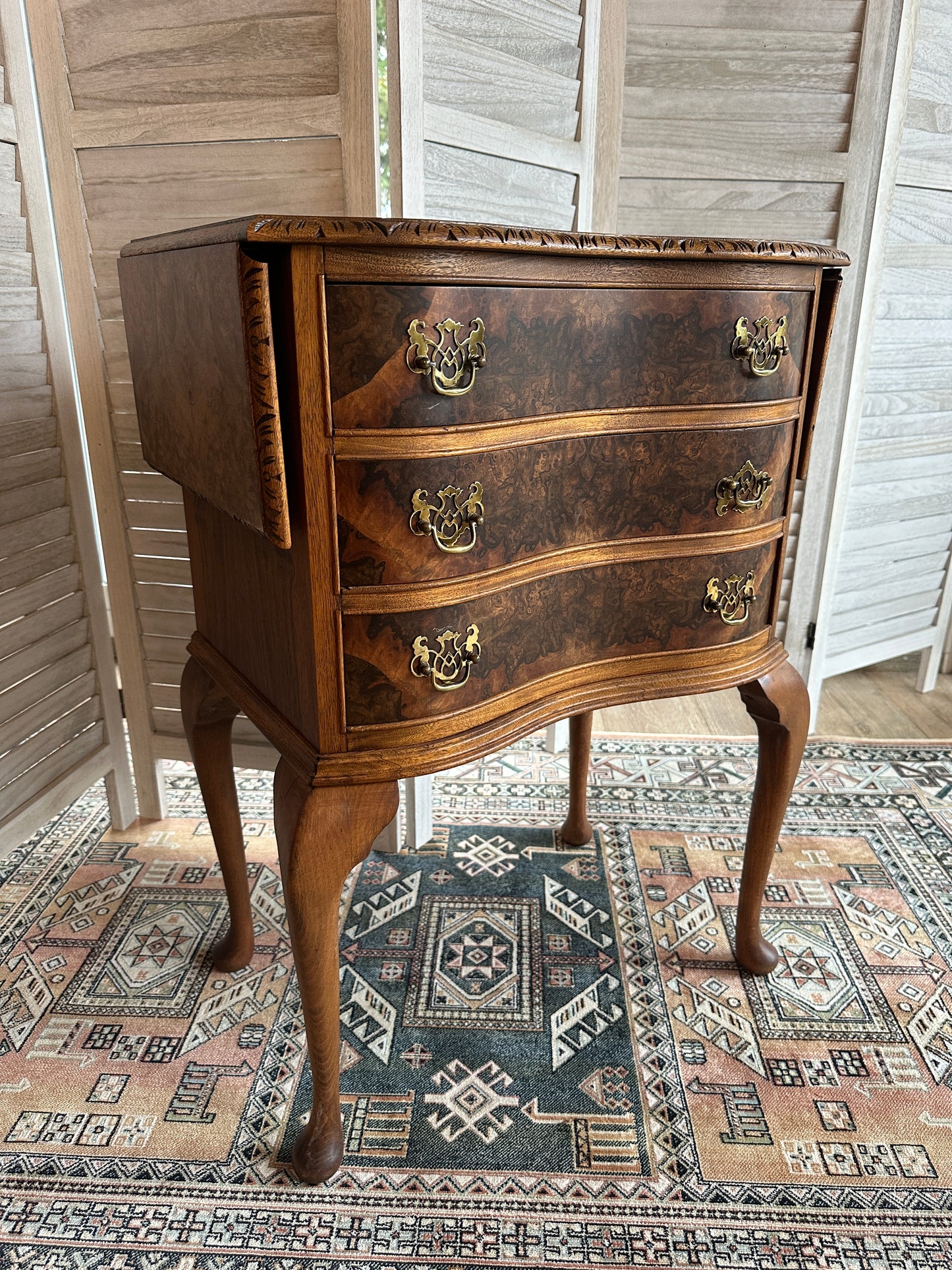 Burled Walnut Nightstand w/Drop Leaves