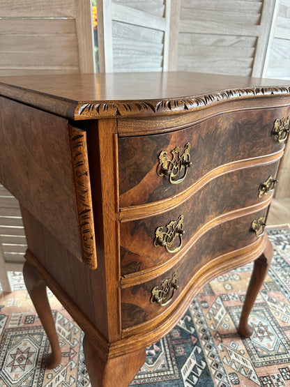 Burled Walnut Nightstand w/Drop Leaves