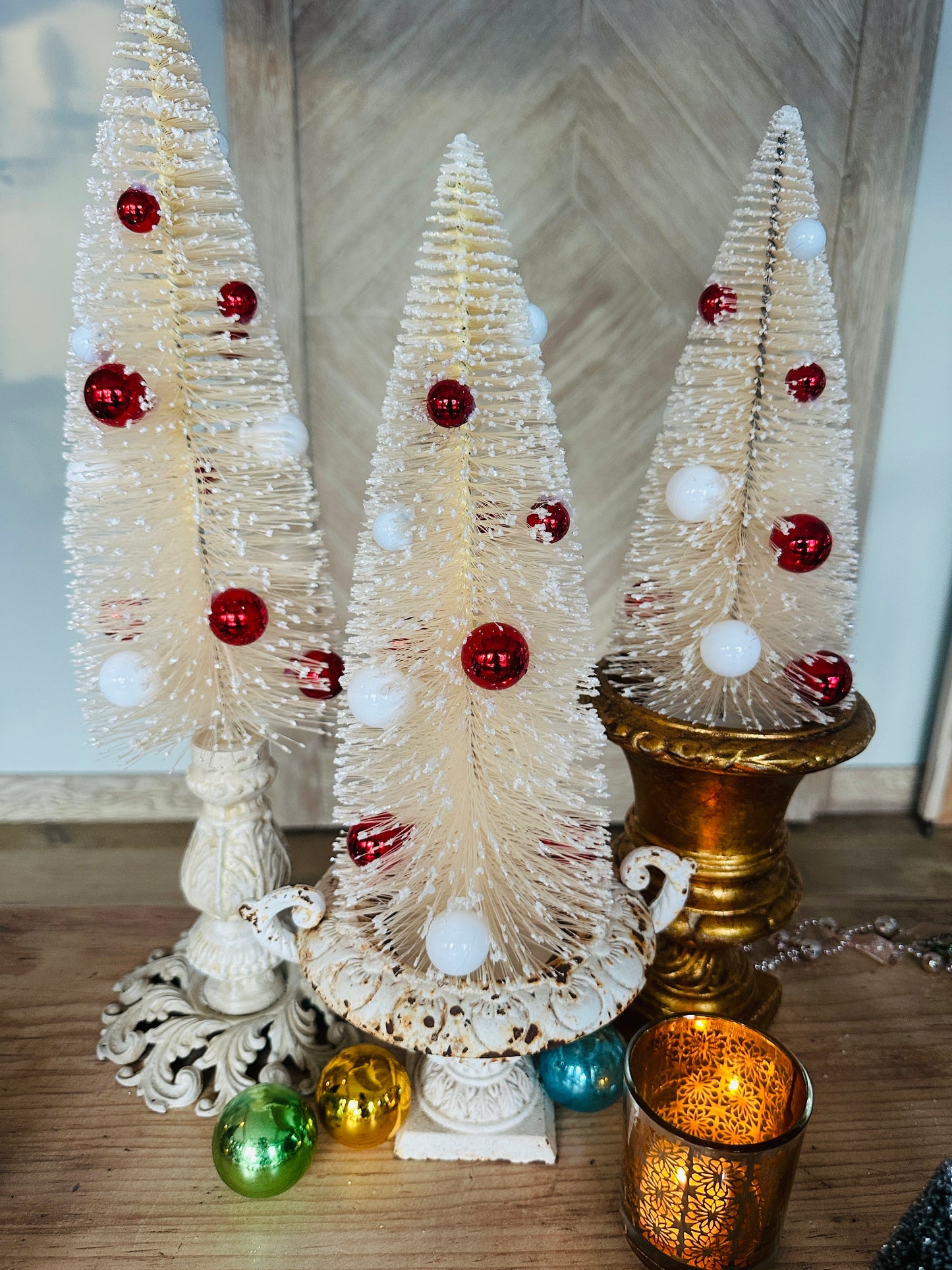 Christmas Bottlebrush Trees Metal Decor Base