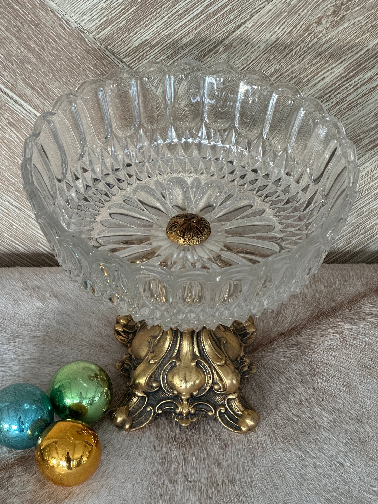 Hollywood Regency Glass Bowl on Metal Base