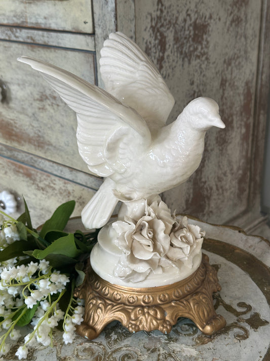 Fine Porcelain Dove Floral Art on Gold Metal Base