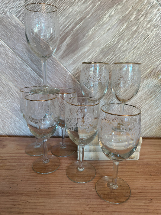 Set of 8 Etched Wine Glasses