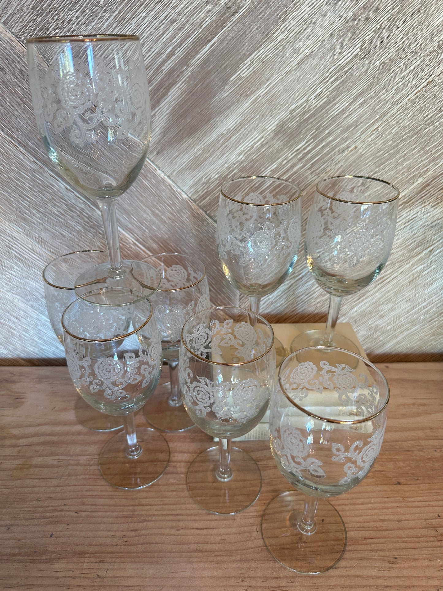 Set of 8 Etched Wine Glasses