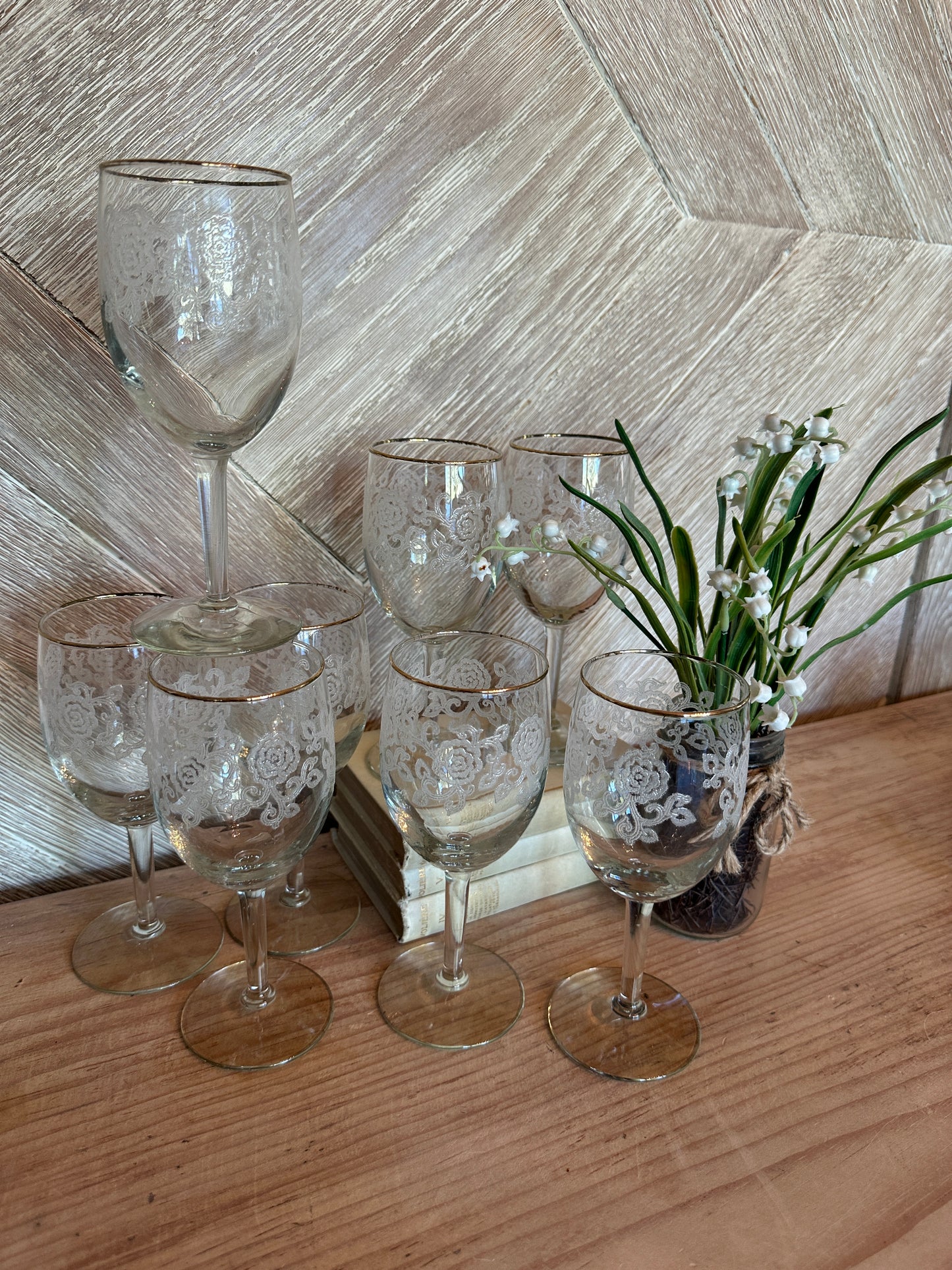 Set of 8 Etched Wine Glasses